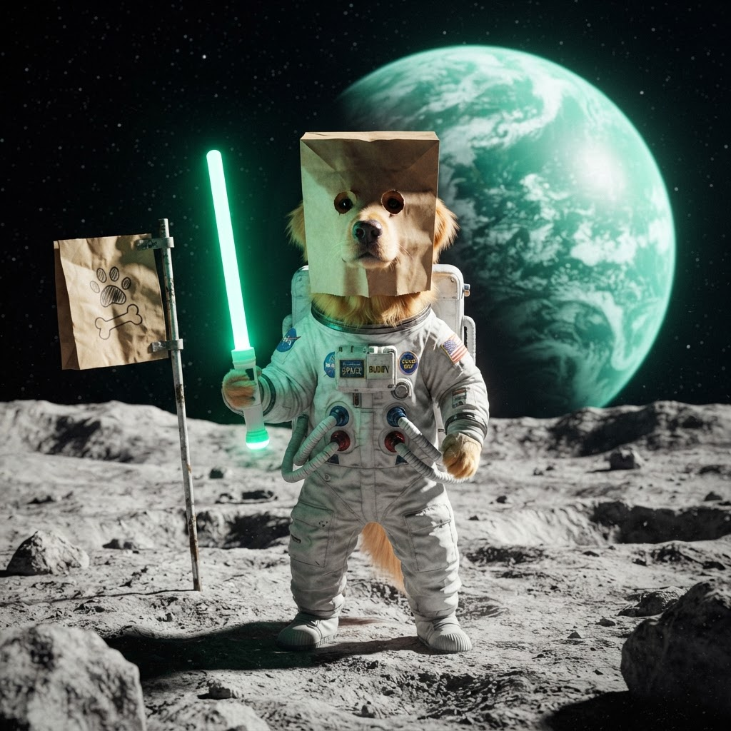 Paper-bag dog astronaut holding a baton on the moon