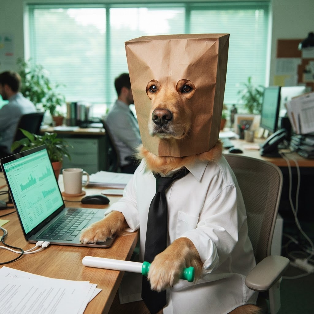 Anonymous dog in a paper bag working at a laptop with a green baton