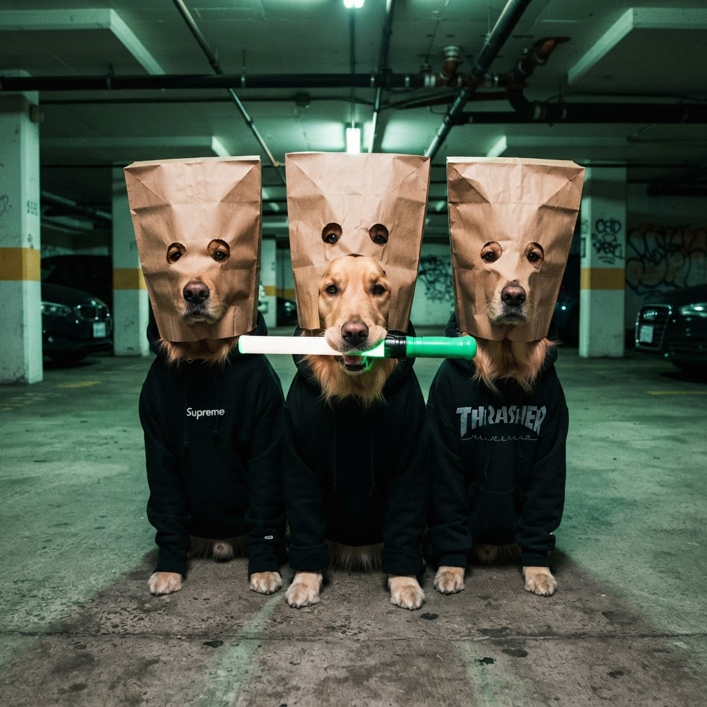 Three anonymous dogs wearing paper bags and black hoodies